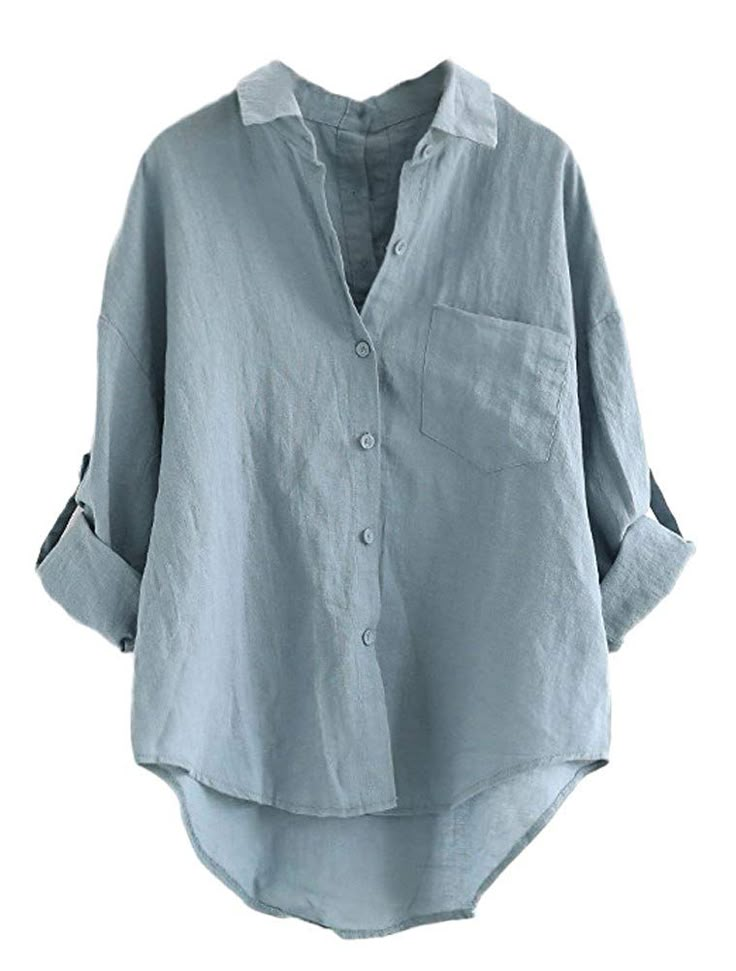 minibee women's linen blouse high low shirt roll up sleeve tops